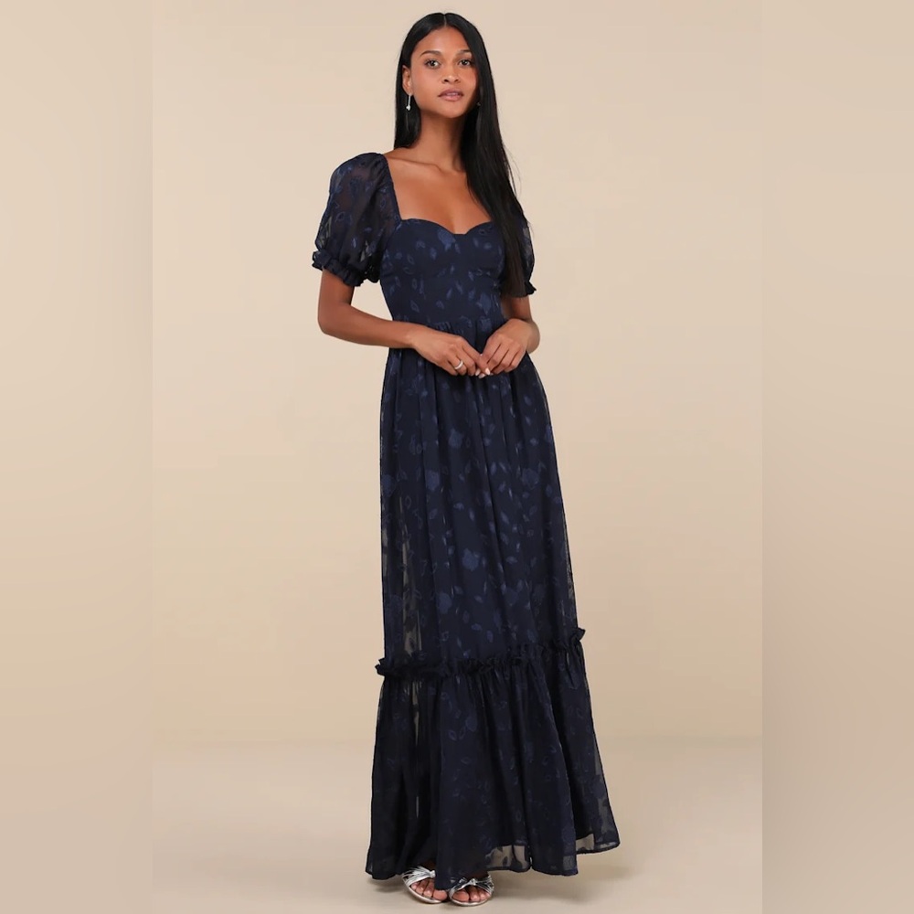 Lulus Phenomenal Sweetness Navy Floral Burnout Bustier Maxi Dress